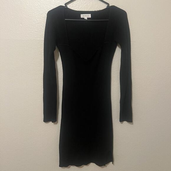 MABLE Ribbed Mini Black Sweater Dress Size L Sweetheart Neckline Party Bodycon - Picture 3 of 7